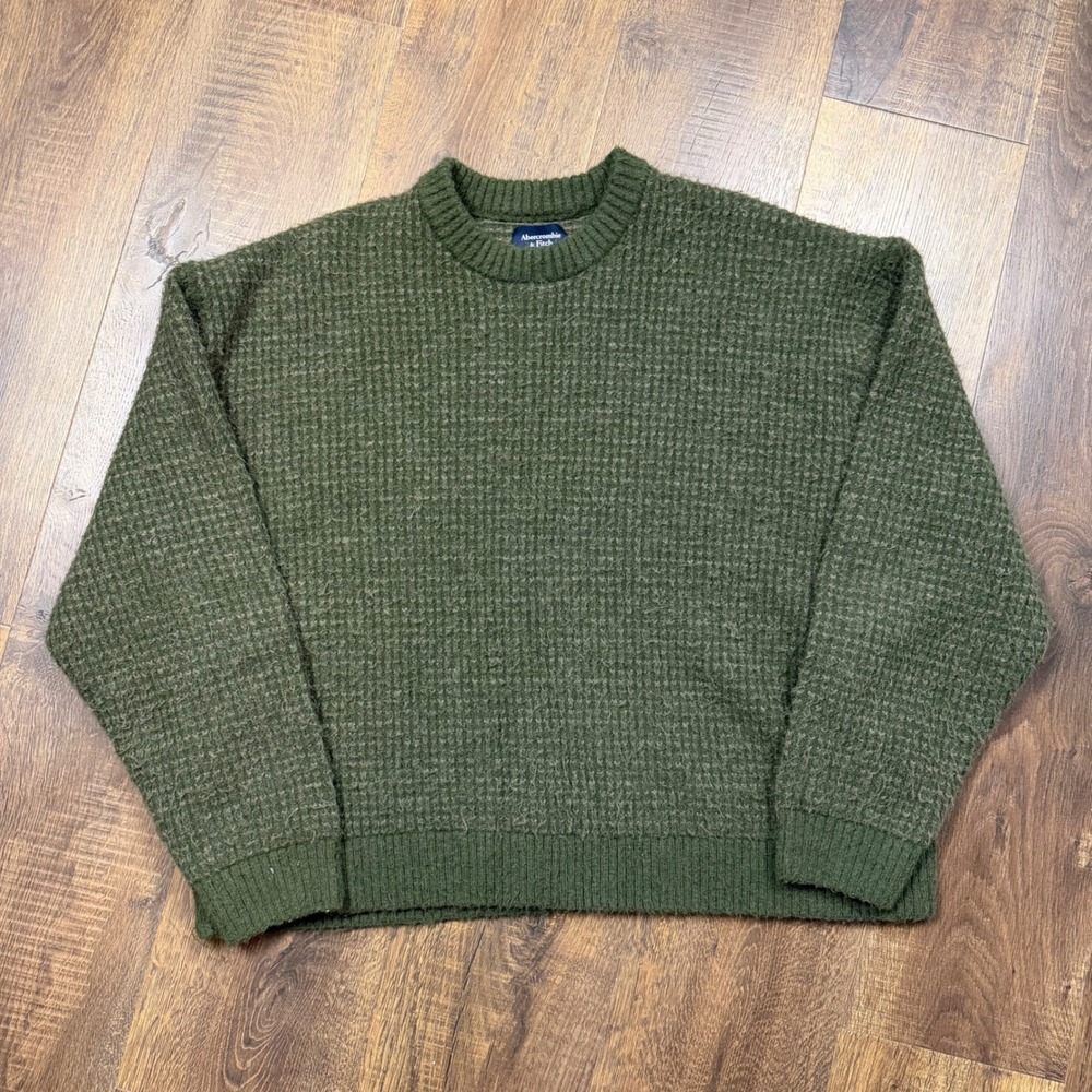 Abercrombie & Fitch Mens L Green Waffle Knit Crewneck Sweater Fuzzy Textured